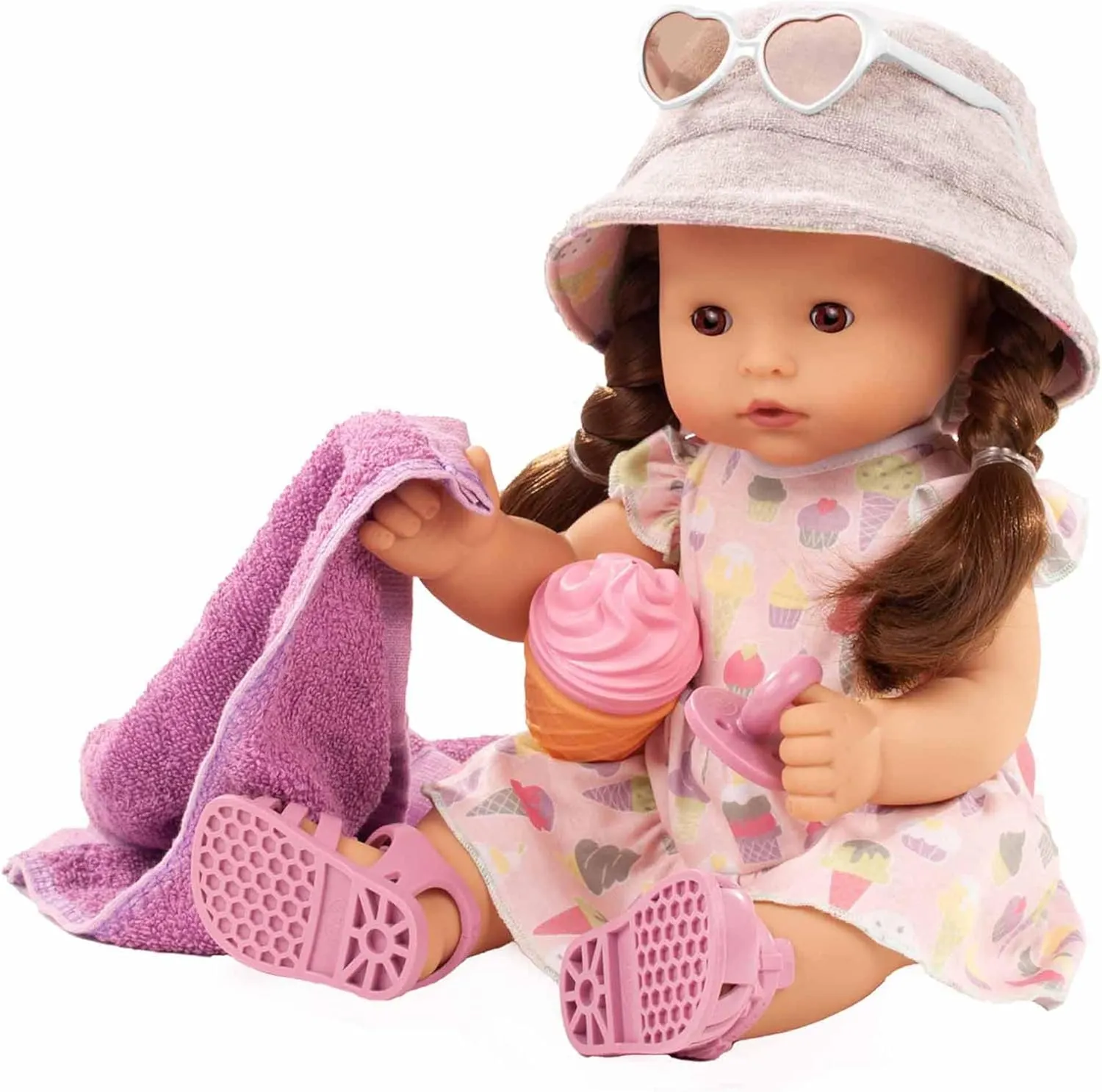 Gotz Maxy Aquini Popsicle - 16.5" All Vinyl Bath Baby Doll with Brown Hair to Wash and Style, Brown Sleeping Eyes, Dress, Hat and Accessories