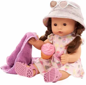 Gotz Maxy Aquini Popsicle - 16.5" All Vinyl Bath Baby Doll with Brown Hair to Wash and Style, Brown Sleeping Eyes, Dress, Hat and Accessories