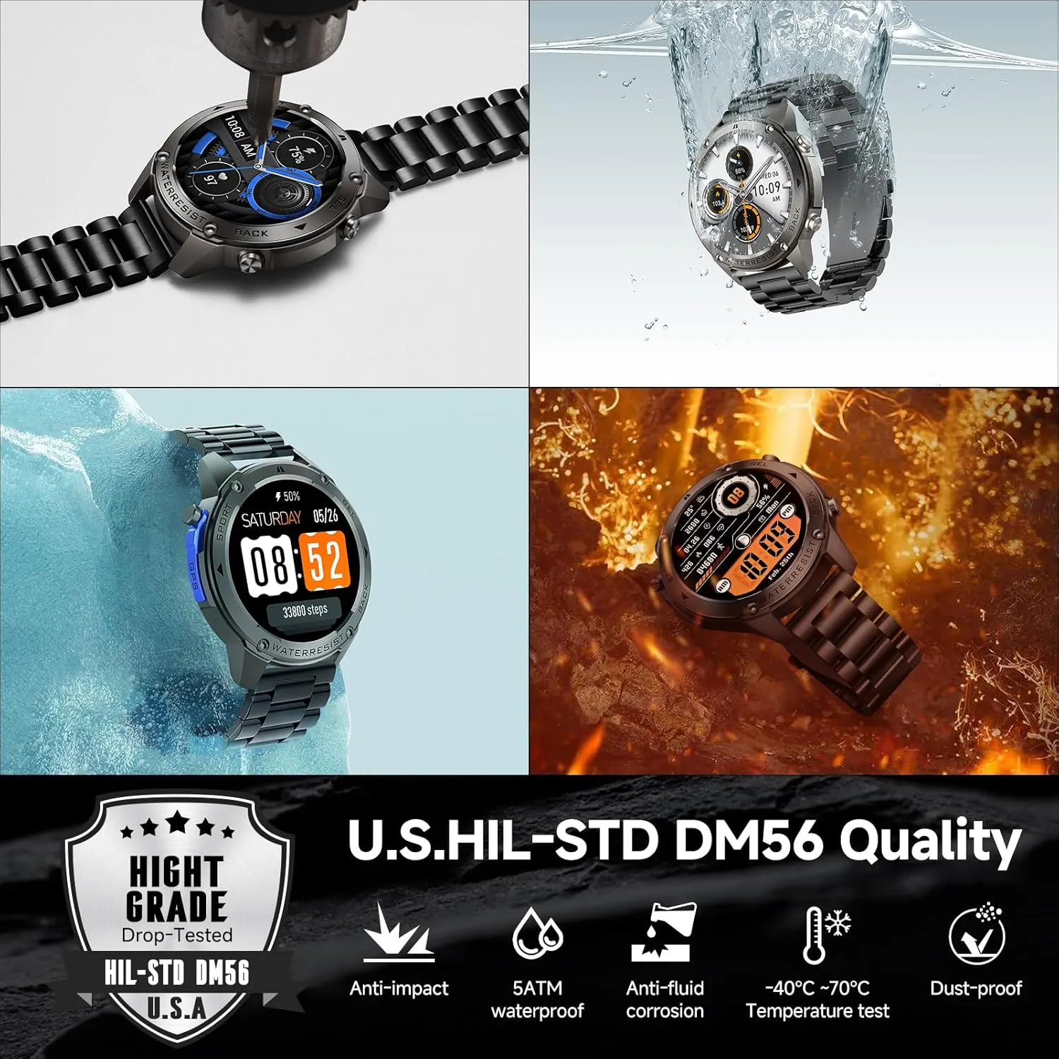 GPS Smart Watch for Men Military Rugged Smartwatches,Compass,50M Waterproof, 500mAh Large Battery,Answer/Make Call, 1.43" AMOLED Screen, Compatible for Android iOS (2 Bands) Black