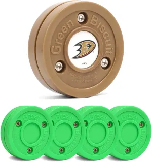 Green Biscuit Hockey Puck - 4 Pack Original Off Ice Hockey Pucks with 1 NHL Puck and GB Stickers - Official Street Hockey Puck to Improve Stickhandling and Passing Skills