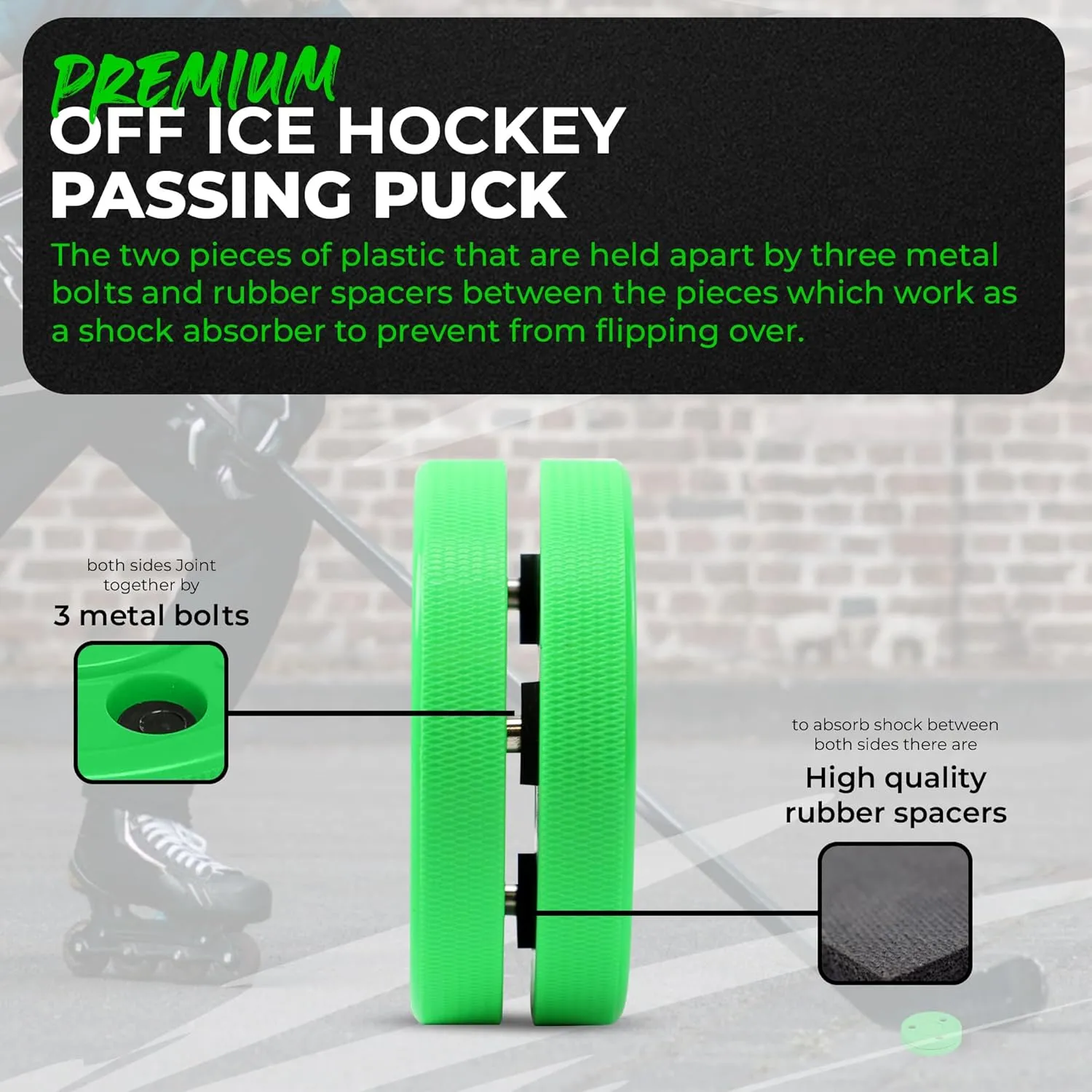 Green Biscuit Hockey Puck - 4 Pack Original Off Ice Hockey Pucks with 1 NHL Puck and GB Stickers - Official Street Hockey Puck to Improve Stickhandling and Passing Skills