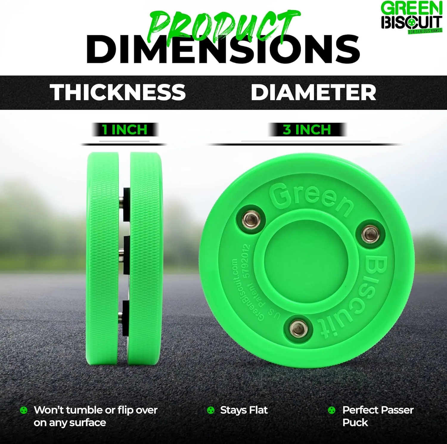 Green Biscuit Hockey Puck - 4 Pack Original Off Ice Hockey Pucks with 1 NHL Puck and GB Stickers - Official Street Hockey Puck to Improve Stickhandling and Passing Skills