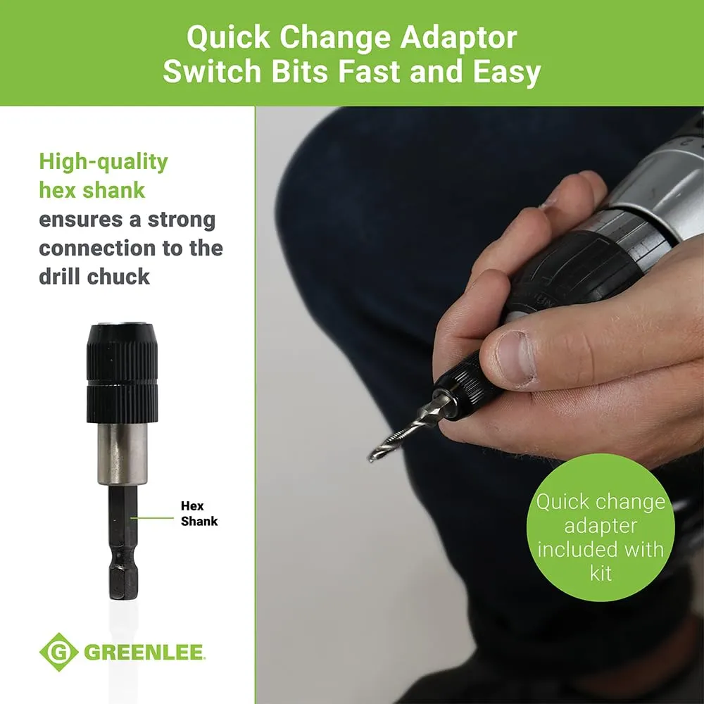 Greenlee DTAPKIT Drill/Tap Kit for Metal, One-Step Drilling, Tapping, and Deburring/Countersinking Set with Quick Change Adaptor, 6-32 to 1/4-20