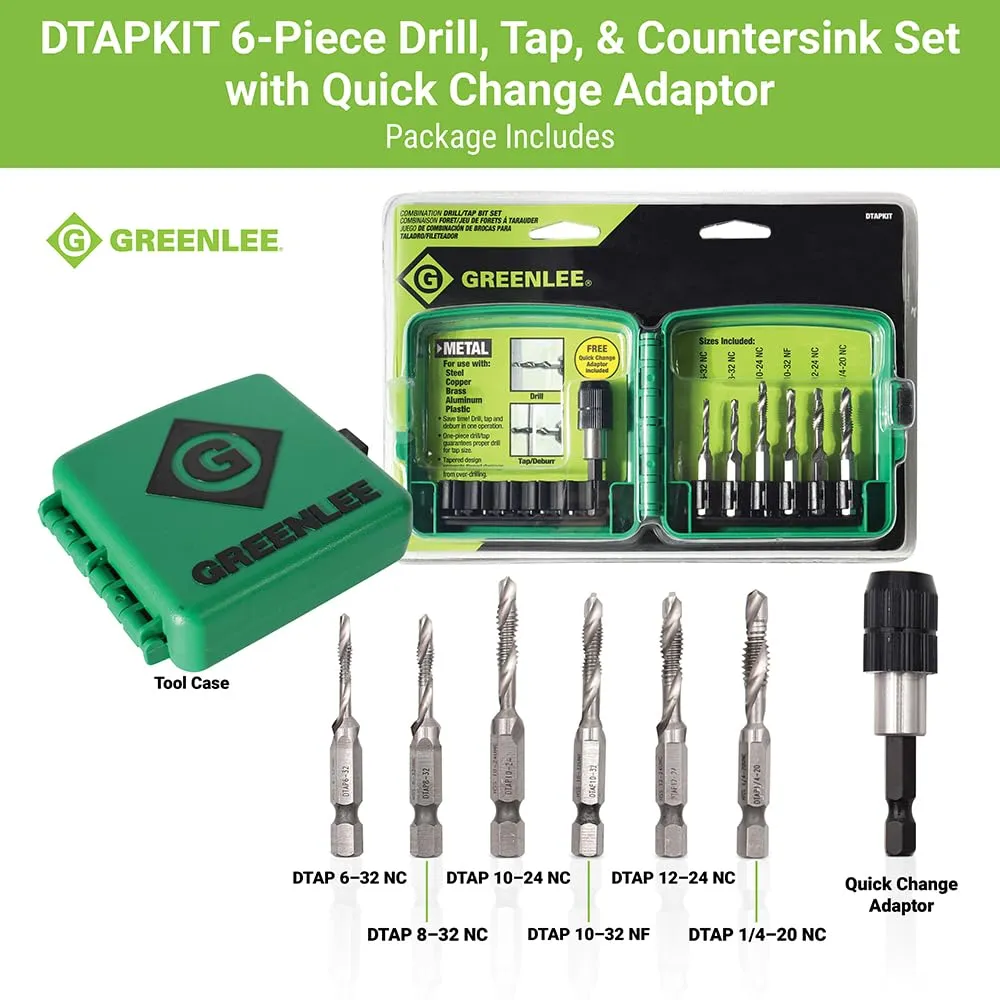 Greenlee DTAPKIT Drill/Tap Kit for Metal, One-Step Drilling, Tapping, and Deburring/Countersinking Set with Quick Change Adaptor, 6-32 to 1/4-20