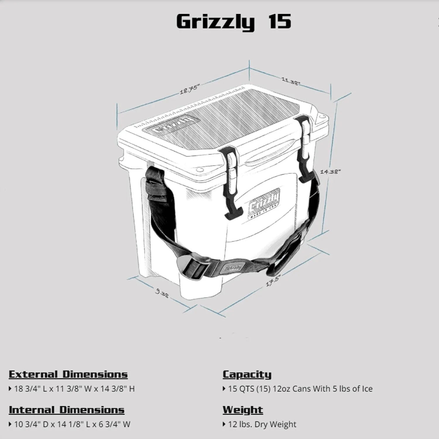 Grizzly 15 Cooler | 15 qt Ice Chest Durable Rotomolded Insulated | Made in USA | Warranty for Life | For Beach Boat Camping Fishing Hunting | G15