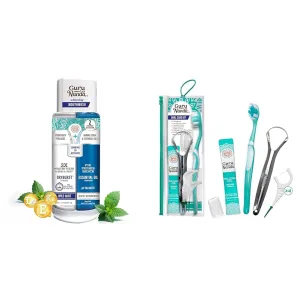 GuruNanda Dual Barrel Oxyburst Whitening Mouthwash (20 Fl Oz) & Travel-Friendly Oral Care Kit- 1 Butter on Gums Toothbrush, 1 Tongue Scraper, 4 Dual Floss Picks, 1 Coconut & Mint Oil Pulling Sachet