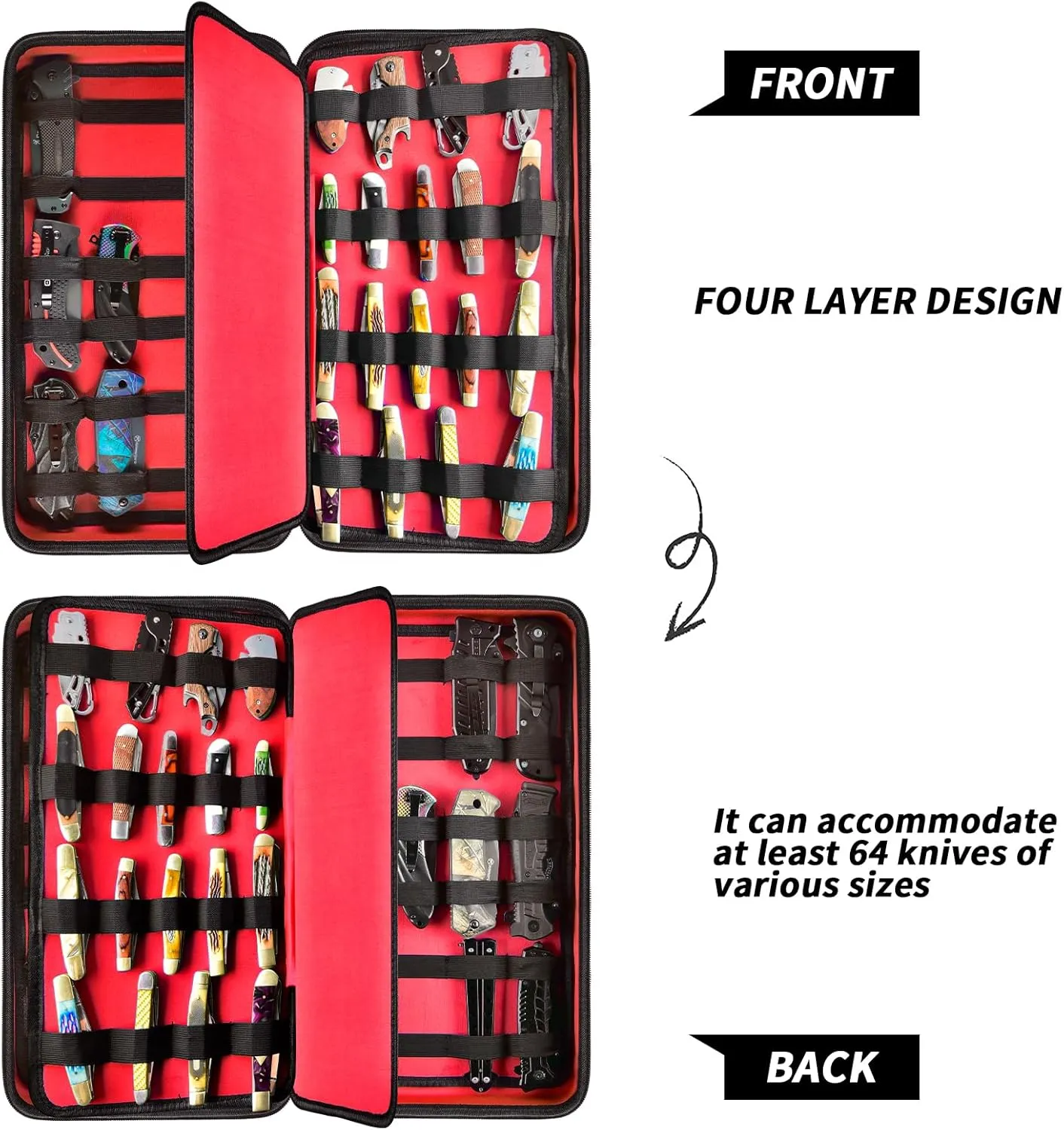 GWCASE Knife Display Case for 66  Pocket Knives. Folding Holder, Butterfly Storage Organizer, Roll Collection Pouch for Survival Tactical Outdoor - Red