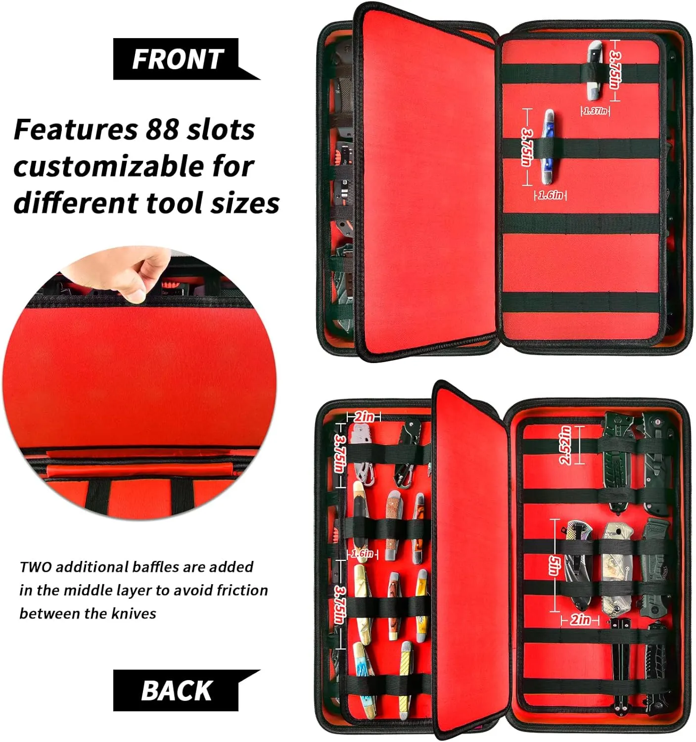 GWCASE Knife Display Case for 66  Pocket Knives. Folding Holder, Butterfly Storage Organizer, Roll Collection Pouch for Survival Tactical Outdoor - Red