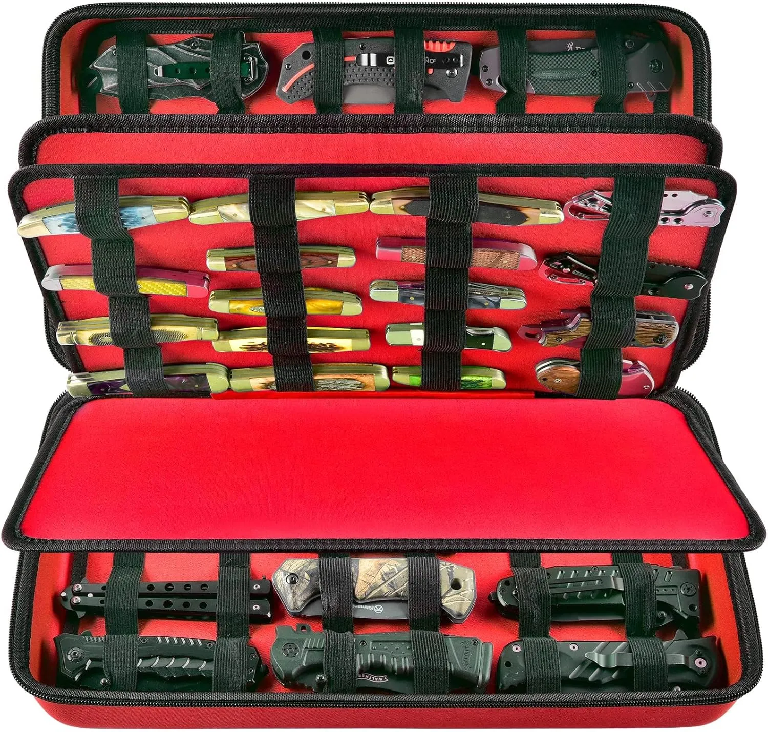 GWCASE Knife Display Case for 66  Pocket Knives. Folding Holder, Butterfly Storage Organizer, Roll Collection Pouch for Survival Tactical Outdoor - Red