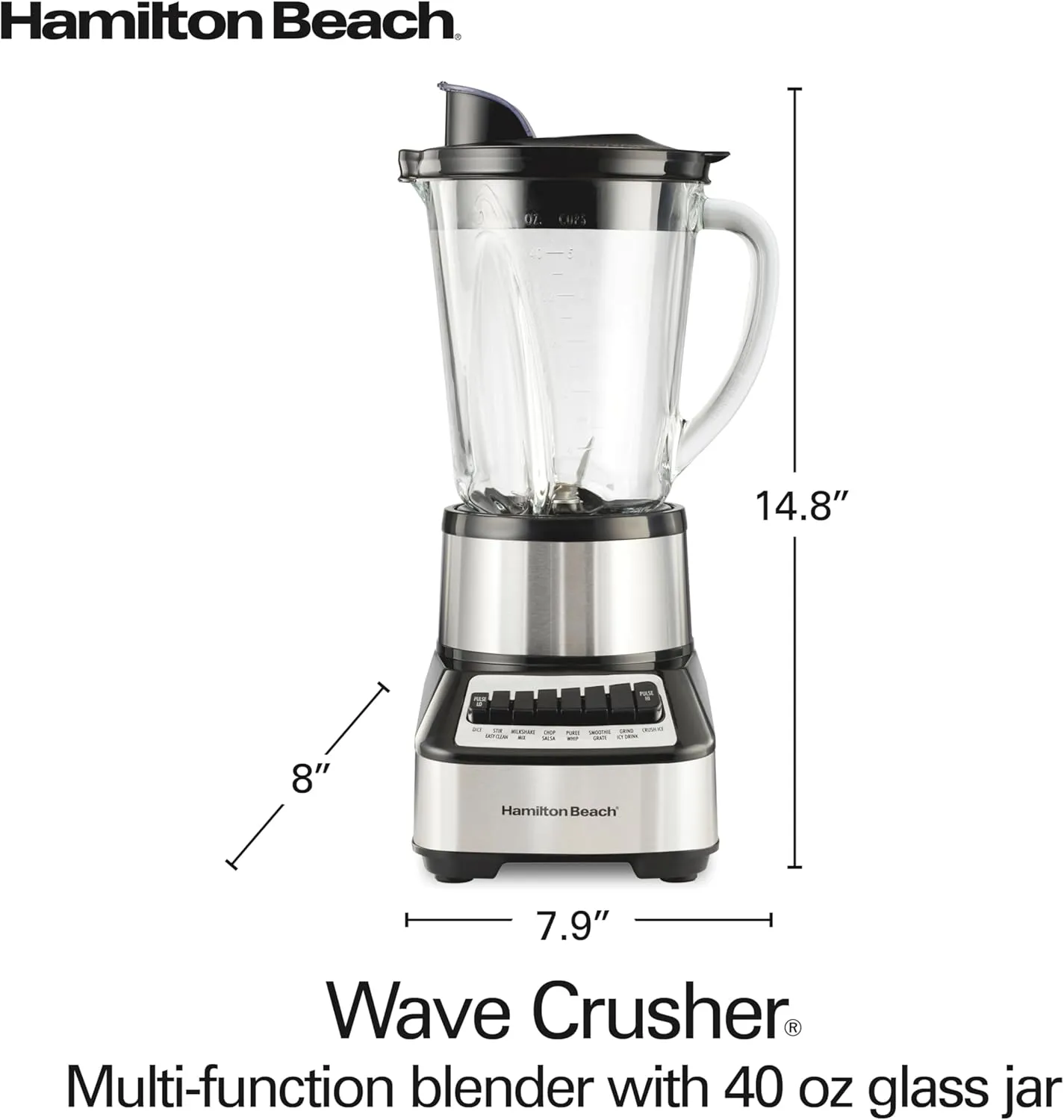 Hamilton Beach Wave Crusher Blender For Smoothies With 40 Oz Glass Jar and 14 Functions, Ice Sabre Blades & 700 Watts for Consistently Smooth Results, Black   Stainless Steel (54221)