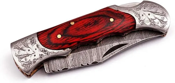 Hand made Damascus steel blade Pocket knife with leather sheath 5170 (Red) knives for men best gift