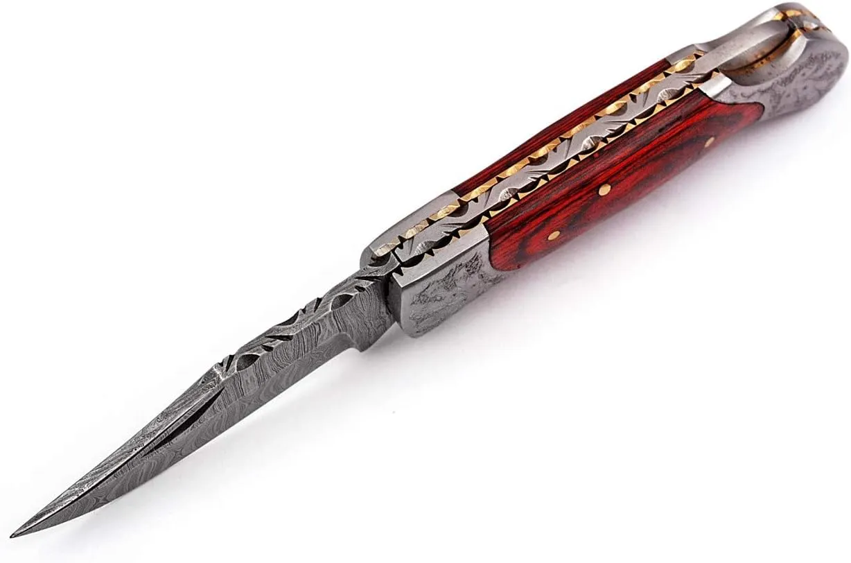 Hand made Damascus steel blade Pocket knife with leather sheath 5170 (Red) knives for men best gift