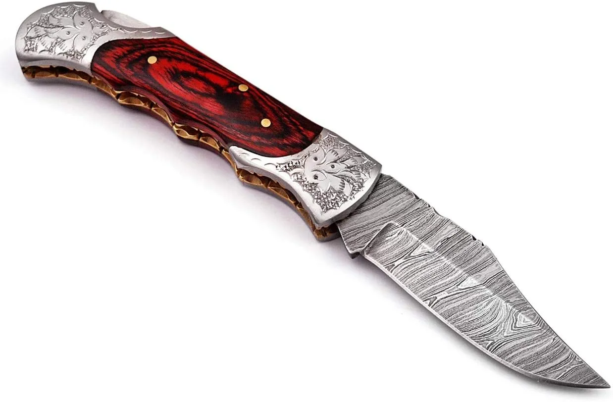 Hand made Damascus steel blade Pocket knife with leather sheath 5170 (Red) knives for men best gift