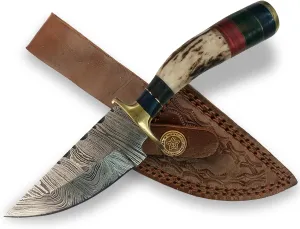 Handmade Damascus Mini Steel Stag Antler Knife - 4 Inch Razor-Sharp Blade, Fire Forged, Multi-Color Handle, Leather Sheath Gift for Hunter Camping Made In USA Youth Knife