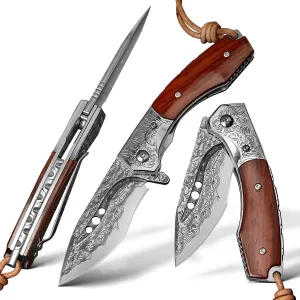 Handmade Japanese Damascus Steel Pocket Folding Knife with Leather Cover and Pocket Clip, 2.87-inch Outdoor Camping Fishing Portable Pocket Knife