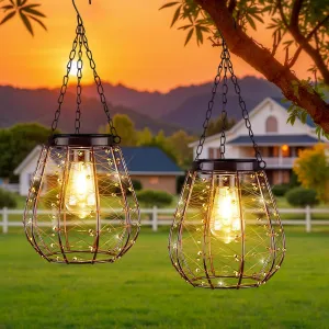 Hanging Solar Lantern Lights, Solar Chandelier Outdoor Waterproof Vintage Copper Outdoor Hanging Lights for Outside Gazebo, Pergola, Porch, Yard, Garden, Pathway, Decor, 2 Pack- ALL FORTUNE