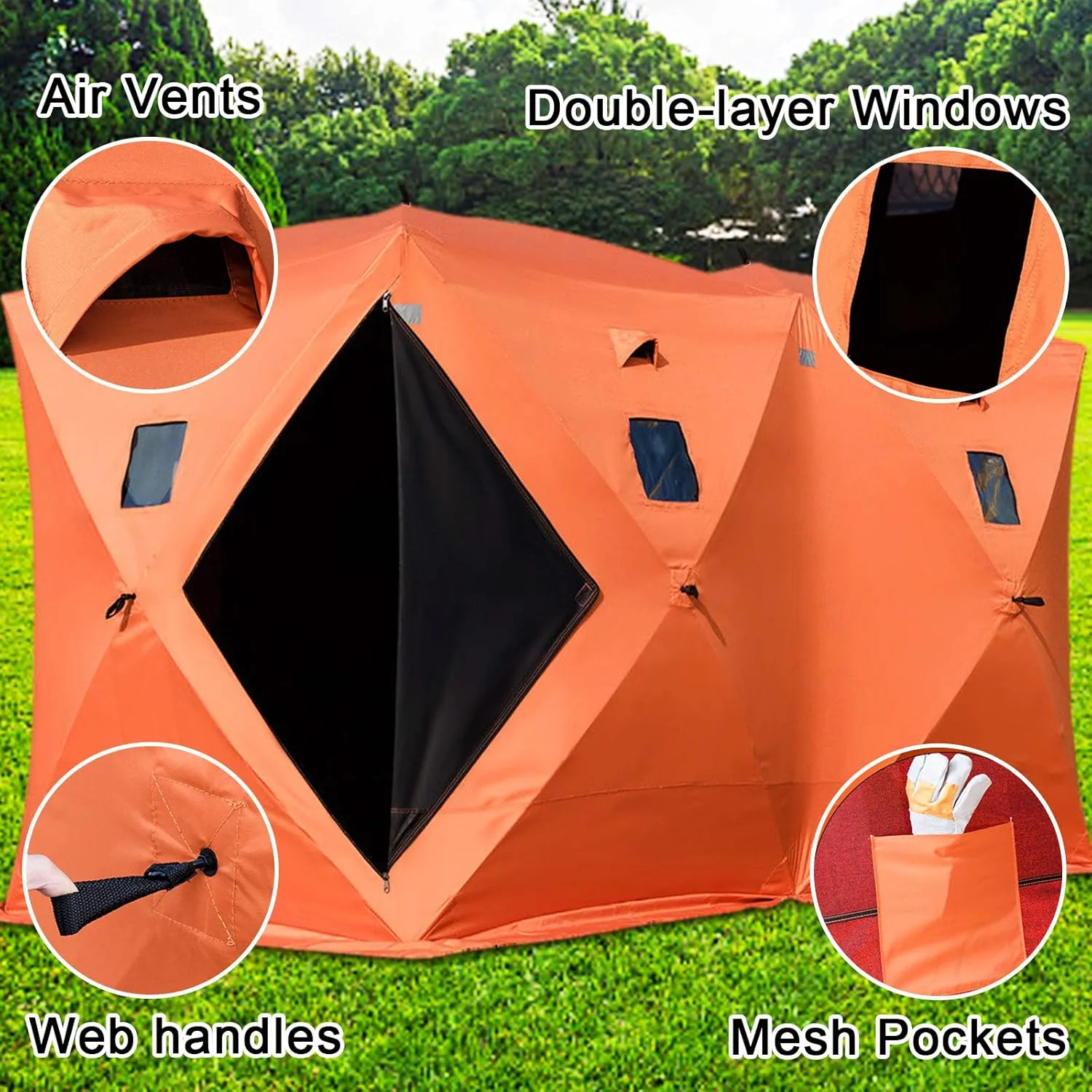 Happybuy Ice Fishing Tent Waterproof Pop-up 2/3/4/8 Person Carrying Bag Ice Shelter Fishing Tent with Detachable Ventilation Windows Oxford Fabric Zippered Door