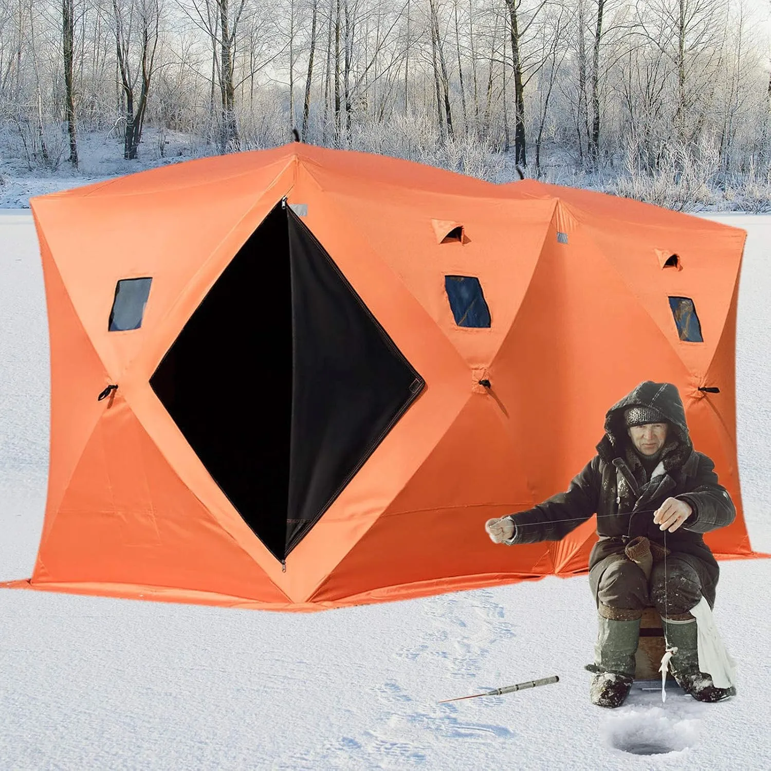 Happybuy Ice Fishing Tent Waterproof Pop-up 2/3/4/8 Person Carrying Bag Ice Shelter Fishing Tent with Detachable Ventilation Windows Oxford Fabric Zippered Door