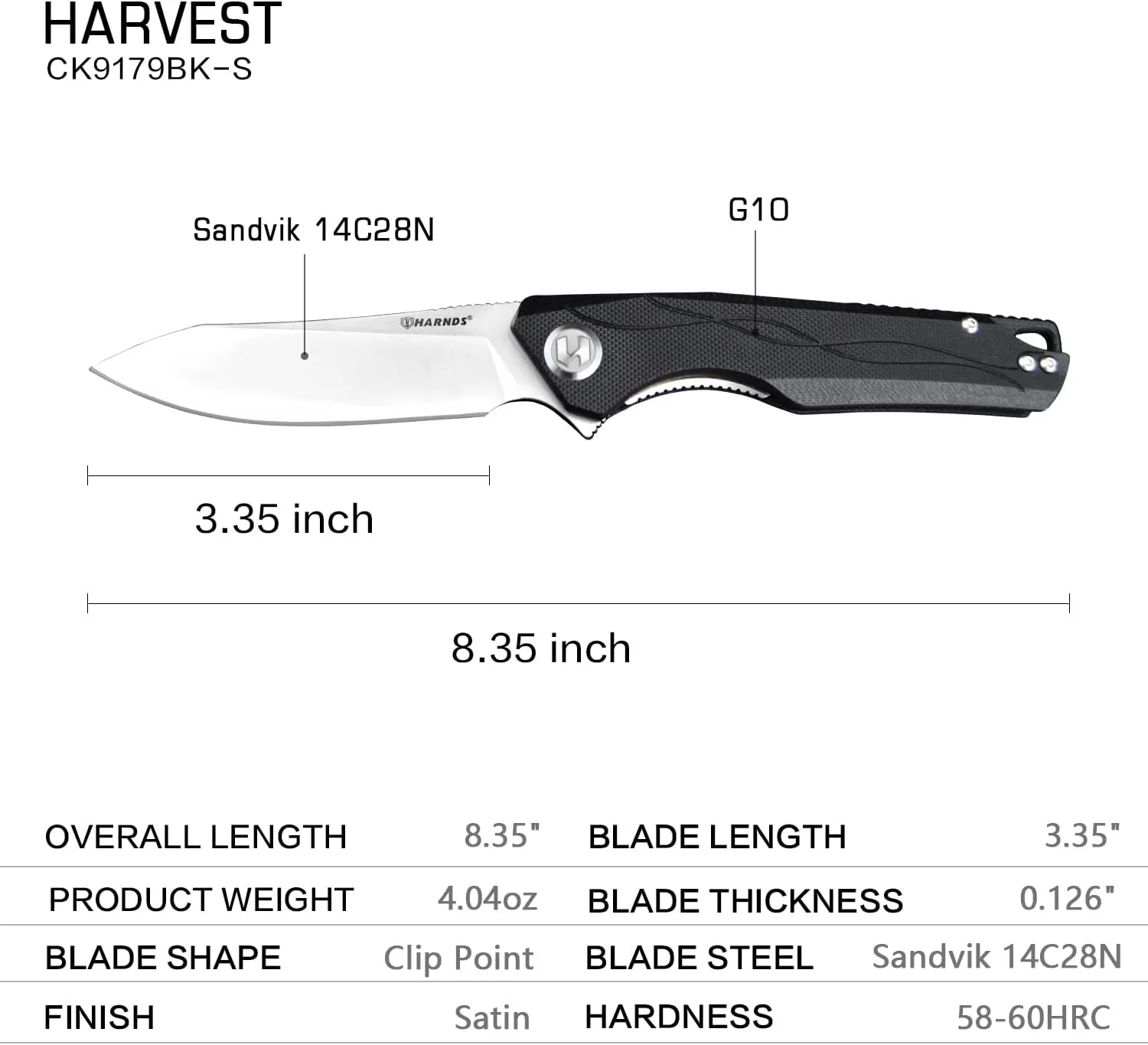Harvest Pocket knife with Sandvik 14C28N Steel Folding Knife with G10 Handle for Camping Hunting Surviral (Black)
