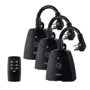 HBN Outdoor Indoor Wireless Remote Control Dual 3-Prong Outlet Weatherproof Heavy Duty 15 A Compact 2 Grounded Outlets with Remote 6-inch Cord 100ft Range ETL Listed (Battery Included),3Packs