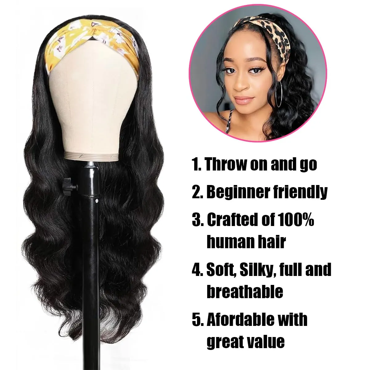 Headband Wig Human Hair for Women 22-Inch 180% Density Body Wave Headband Wigs Glueless Human Hair Wig(Body Wave, Natural Black)