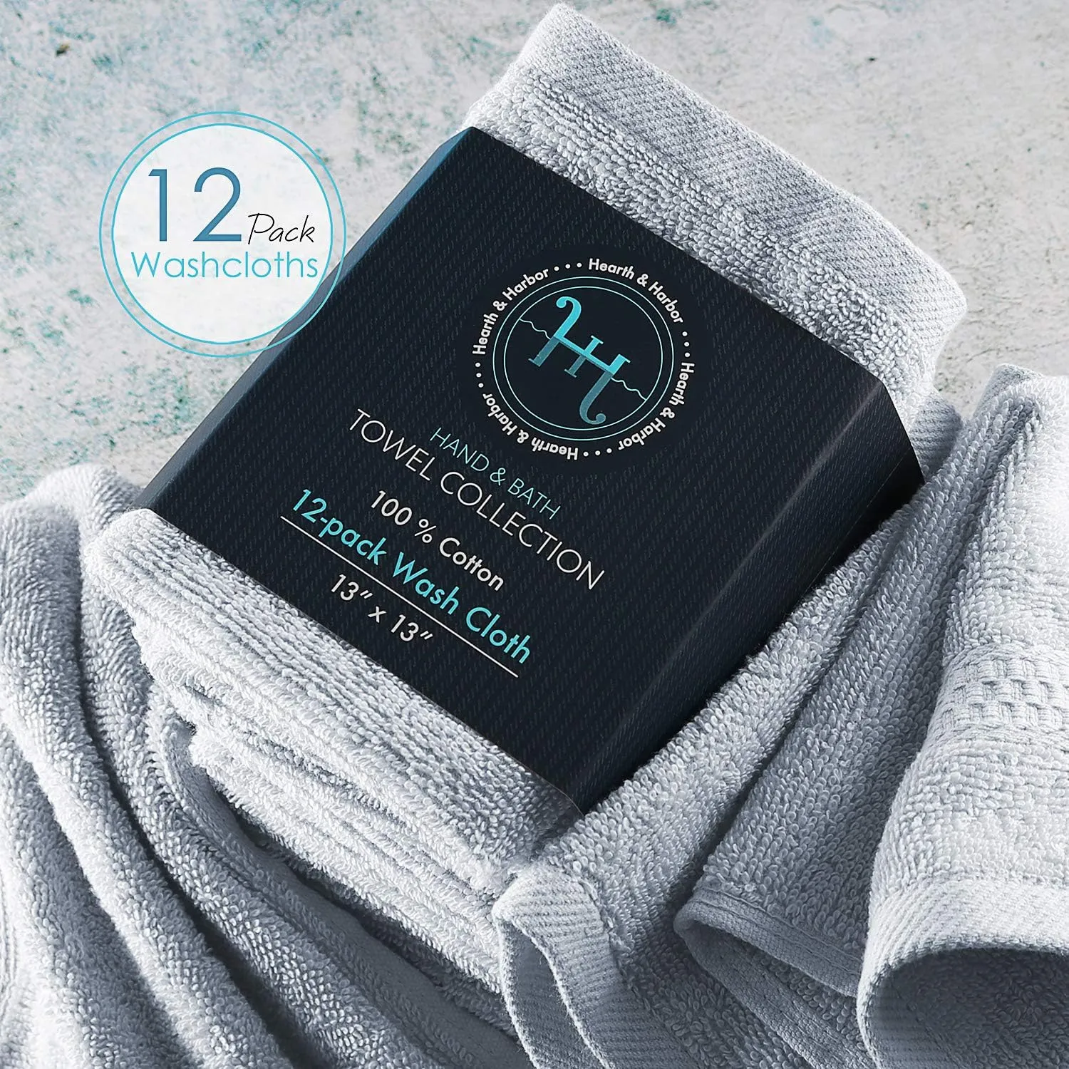 Hearth & Harbor Washcloths 12 Pack - 100% Cotton Washcloth for Body and face, High Absorbent and Soft 13"x13" Body Wash Cloth, Quick Dry - Ice Blue Washcloths
