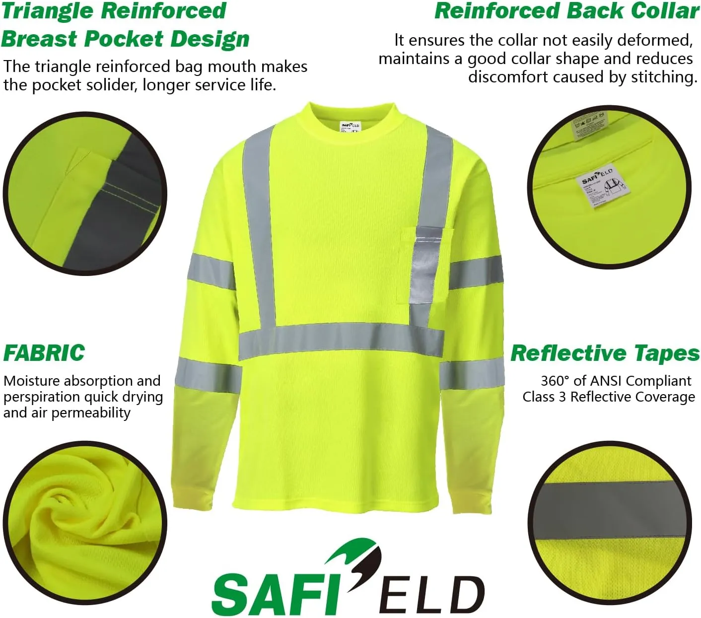 Hi Vis Safety Shirts for Men Reflective,High Visibility Work T-shirt Short Sleeve with Pocket, 3 and 5 Pack