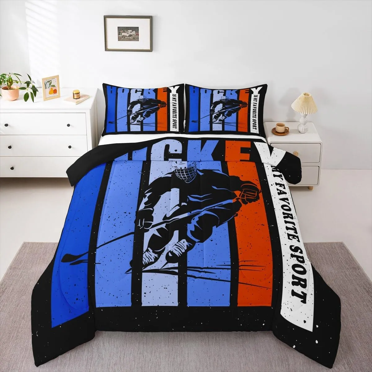 Hockey Kids Bedding Comforter Set King Size,Ice Hockey Sport Bedding Sets All Season,Ball Game Player Silhouette Bedroom Quilt Set,Ice Sports Duvet Insert,2 Pillowcases