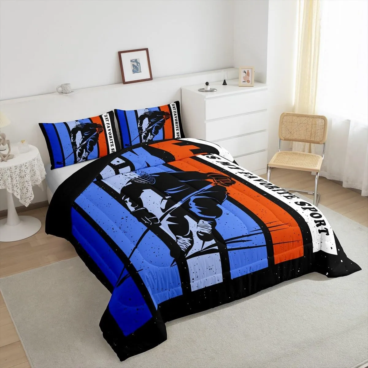 Hockey Kids Bedding Comforter Set King Size,Ice Hockey Sport Bedding Sets All Season,Ball Game Player Silhouette Bedroom Quilt Set,Ice Sports Duvet Insert,2 Pillowcases
