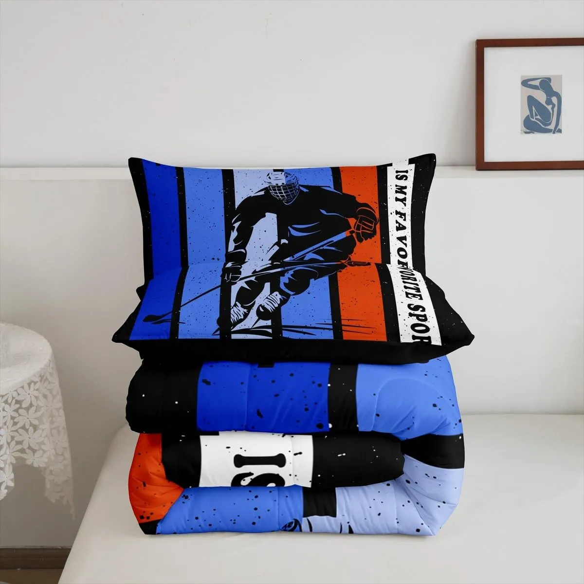 Hockey Kids Bedding Comforter Set King Size,Ice Hockey Sport Bedding Sets All Season,Ball Game Player Silhouette Bedroom Quilt Set,Ice Sports Duvet Insert,2 Pillowcases