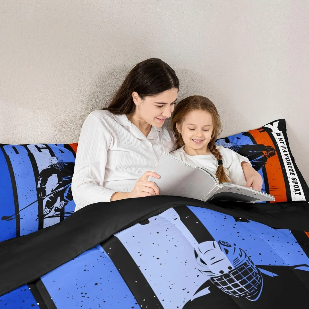 Hockey Kids Bedding Comforter Set King Size,Ice Hockey Sport Bedding Sets All Season,Ball Game Player Silhouette Bedroom Quilt Set,Ice Sports Duvet Insert,2 Pillowcases
