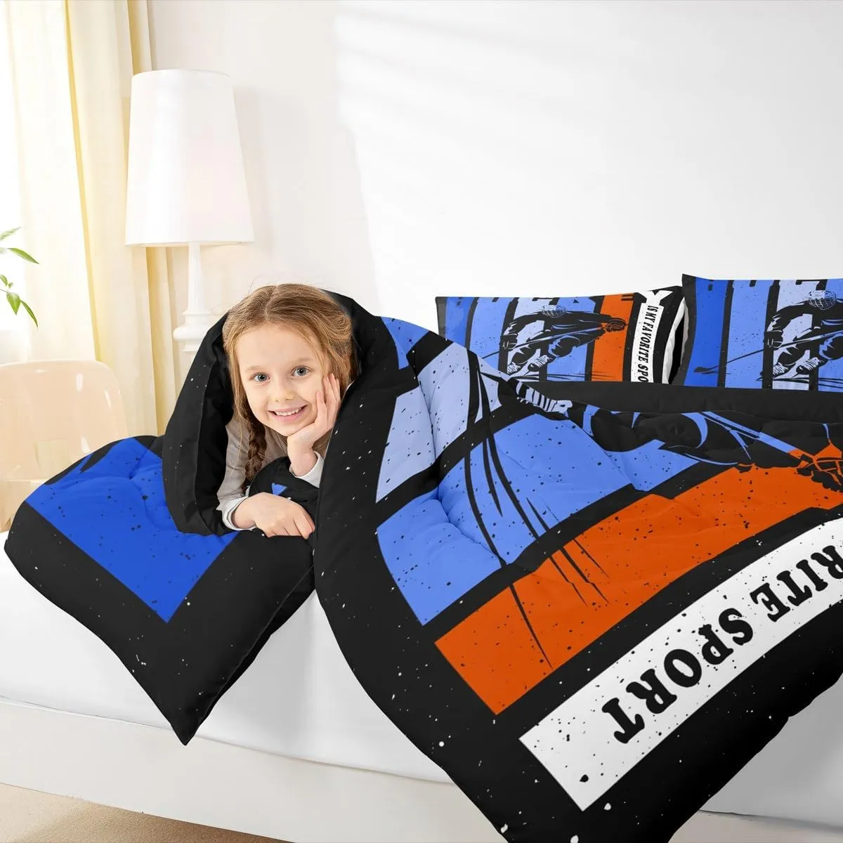Hockey Kids Bedding Comforter Set King Size,Ice Hockey Sport Bedding Sets All Season,Ball Game Player Silhouette Bedroom Quilt Set,Ice Sports Duvet Insert,2 Pillowcases