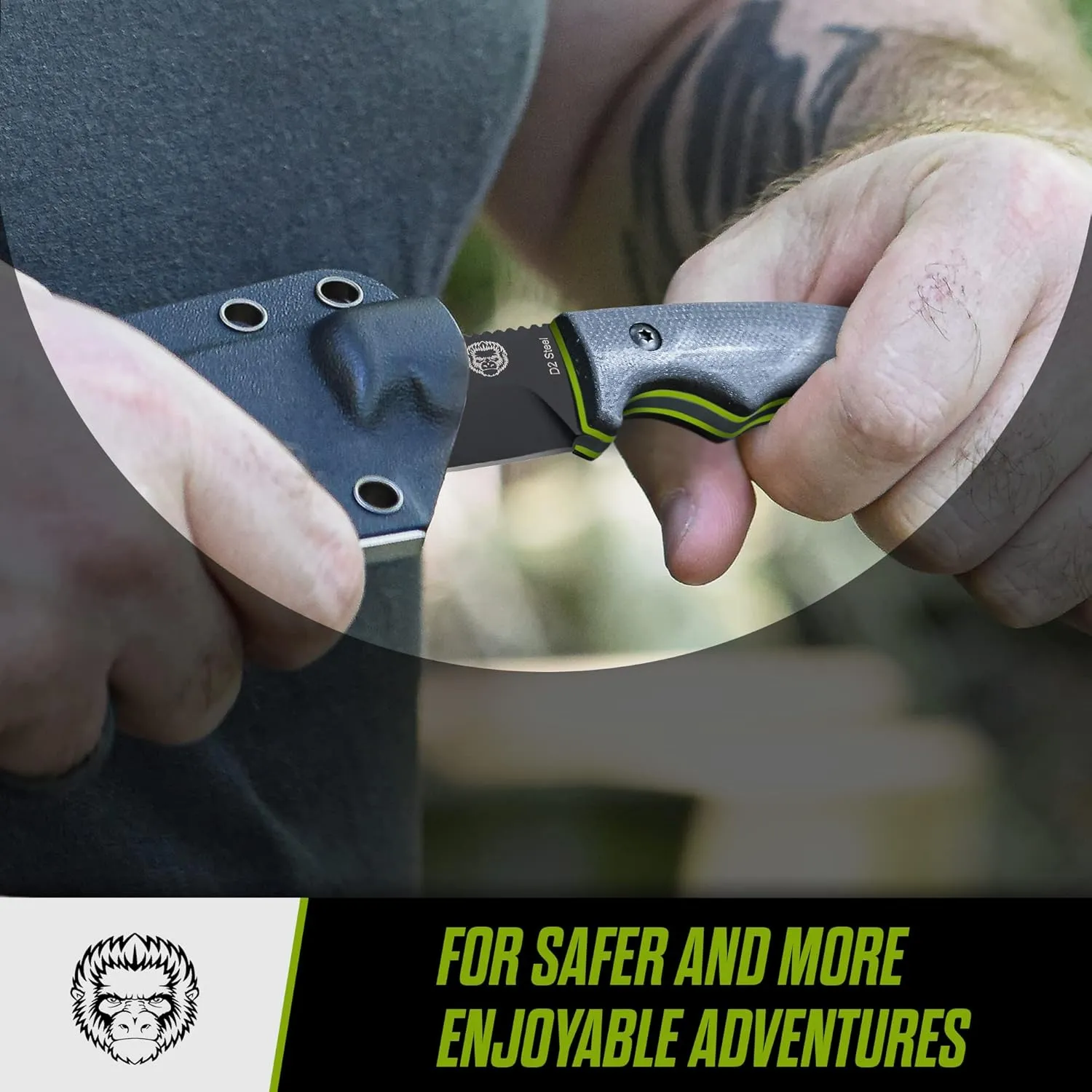 Holtzman's Gorilla Survival Baby Bloodline Fixed Blade Neck Knife with Kydex Sheath & Ferro Rod (Black Green) - Perfect for Hiking, Camping, and EDC