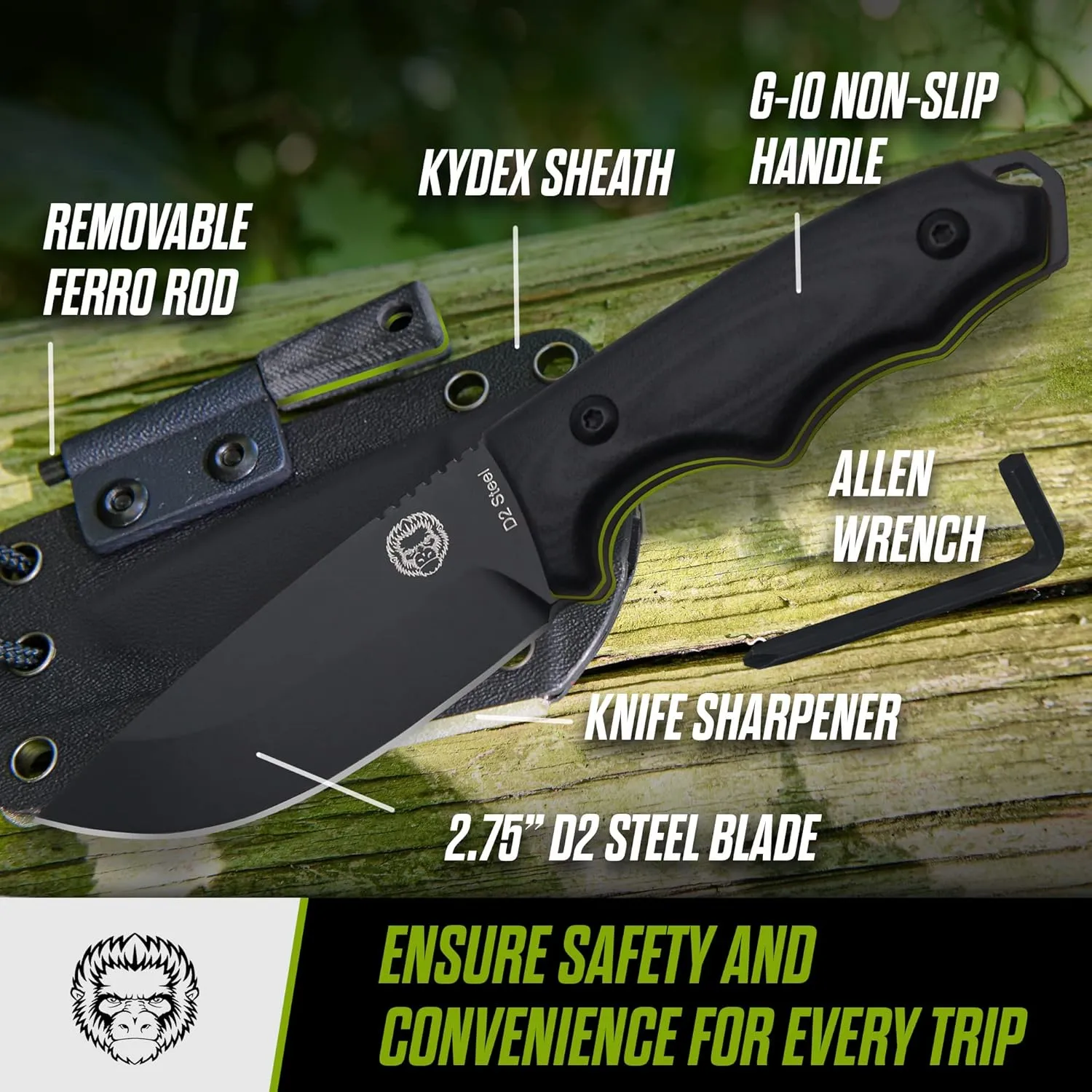 Holtzman's Gorilla Survival Baby Bloodline Fixed Blade Neck Knife with Kydex Sheath & Ferro Rod (Black Green) - Perfect for Hiking, Camping, and EDC