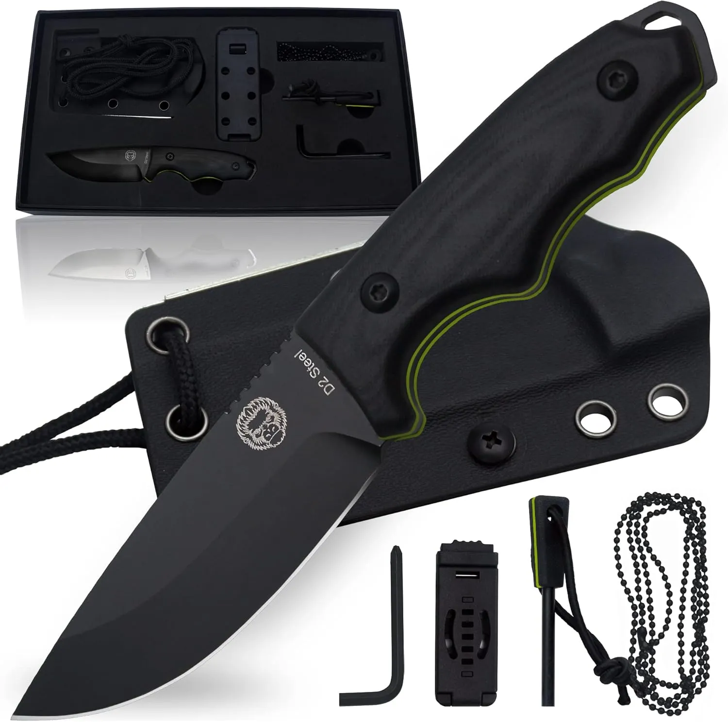 Holtzman's Gorilla Survival Baby Bloodline Fixed Blade Neck Knife with Kydex Sheath & Ferro Rod (Black Green) - Perfect for Hiking, Camping, and EDC