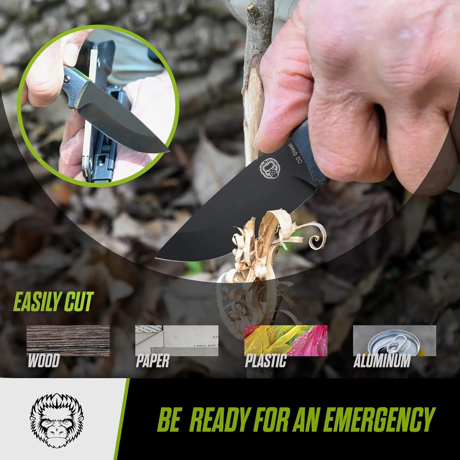 Holtzman's Gorilla Survival Baby Bloodline Fixed Blade Neck Knife with Kydex Sheath & Ferro Rod (Black Green) - Perfect for Hiking, Camping, and EDC