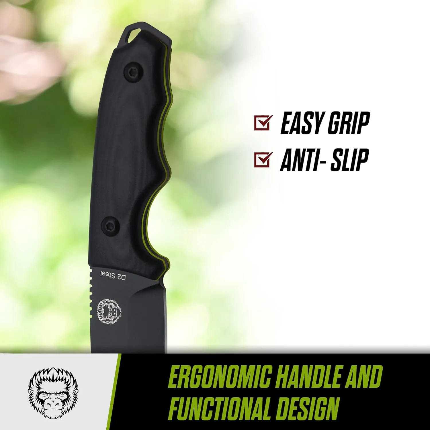Holtzman's Gorilla Survival Baby Bloodline Fixed Blade Neck Knife with Kydex Sheath & Ferro Rod (Black Green) - Perfect for Hiking, Camping, and EDC