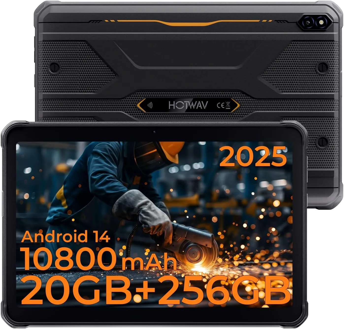 HOTWAV R10 Pro 2025 Rugged Tablet Android 14-10.1 Inch HD  10800mAh Waterproof Tablet, 20GB RAM 256GB ROM/1TB TF Outdoor Tablets, 13MP 5MP Camera Octa-Core IP68&IP69K/4G-LTE/5G WiFi/Face ID/GPS/OTG