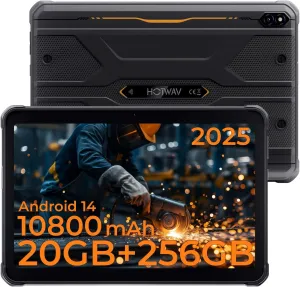 HOTWAV R10 Pro 2025 Rugged Tablet Android 14-10.1 Inch HD  10800mAh Waterproof Tablet, 20GB RAM 256GB ROM/1TB TF Outdoor Tablets, 13MP 5MP Camera Octa-Core IP68&IP69K/4G-LTE/5G WiFi/Face ID/GPS/OTG