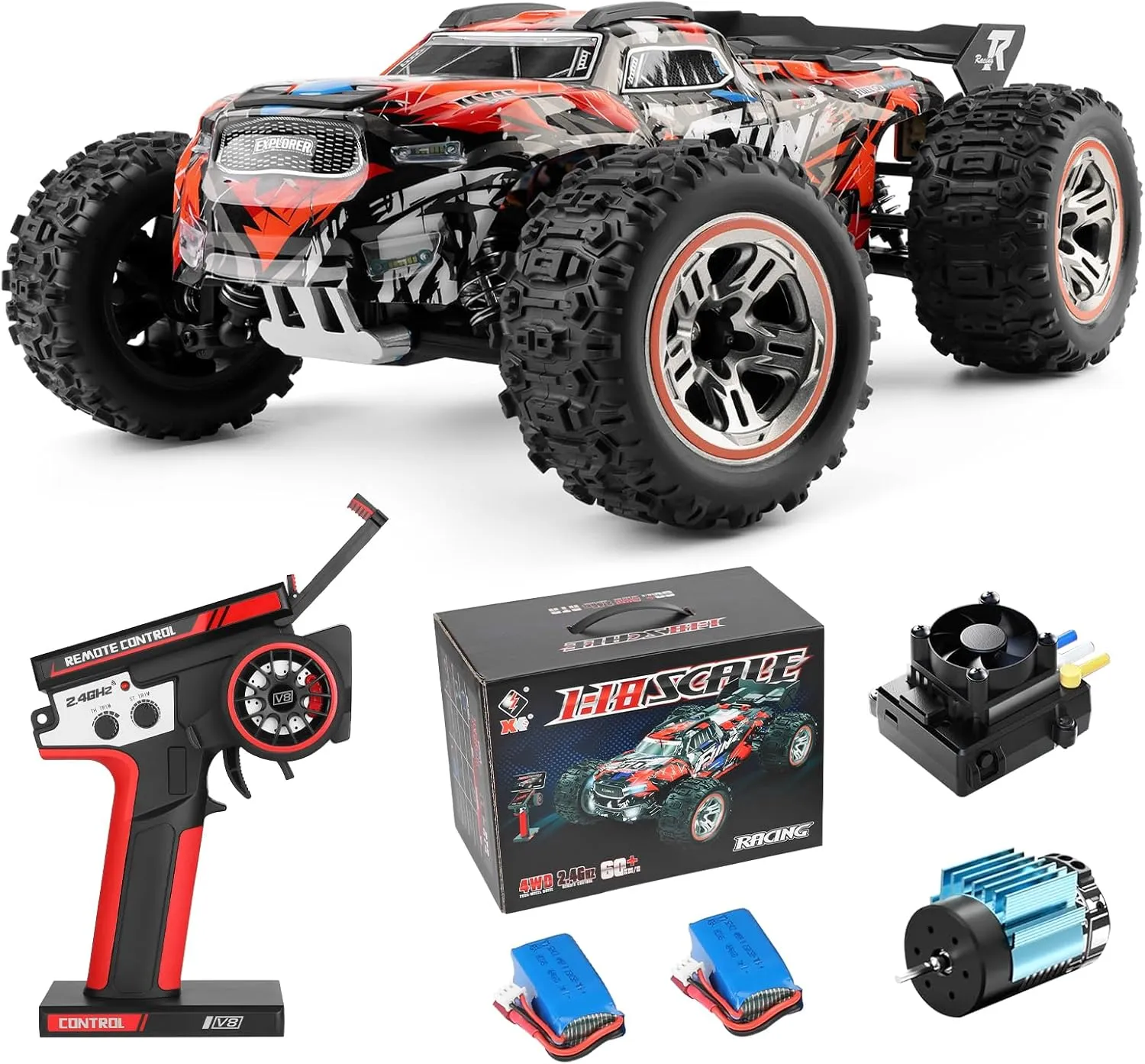 HS18A 1/18 RTR Brushless Fast RC Cars for Adults, Max 38mph Off-Road RC Truck, All Terrain High Speed RC Car, 4WD Racing Remote Control Car with 2 Lipo Batteries for Boys and Adult