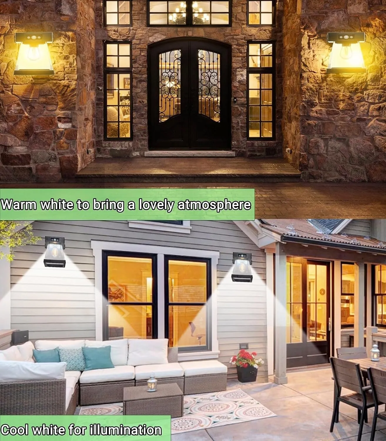 HULPPRE 2 Pack Solar Wall Lanterns Outdoor,White or Warm White Led,3 Lighting Modes Motion Sensor Solar Porch Lights,Dusk to Dawn Sconce Light,Waterproof Exterior Gate Light for Yard,Patio&More