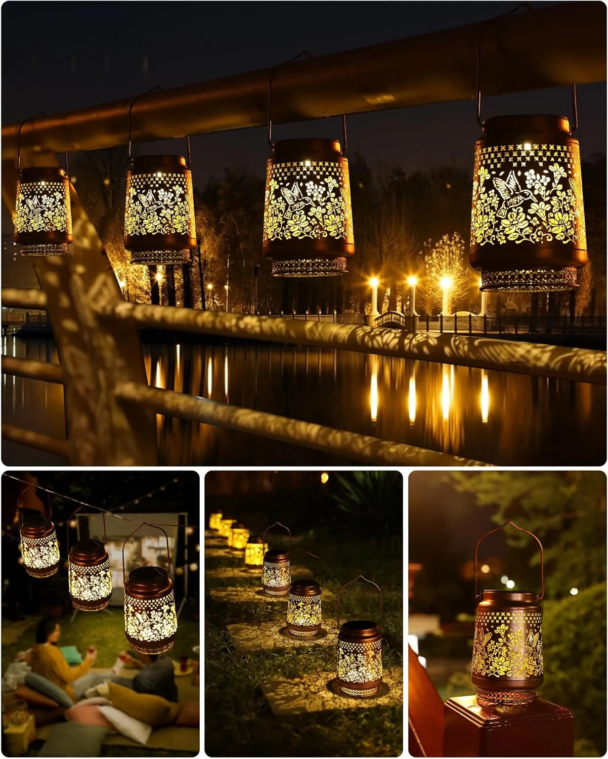 Hummingbird Solar Lanterns Outdoor Waterproof Hanging Solar Lights for Outside,Hollow Out Metal Garden Decorations for Patio Yard Porch Landscape Pathway Camping Walkway,Gifts for Women Mom Lovers
