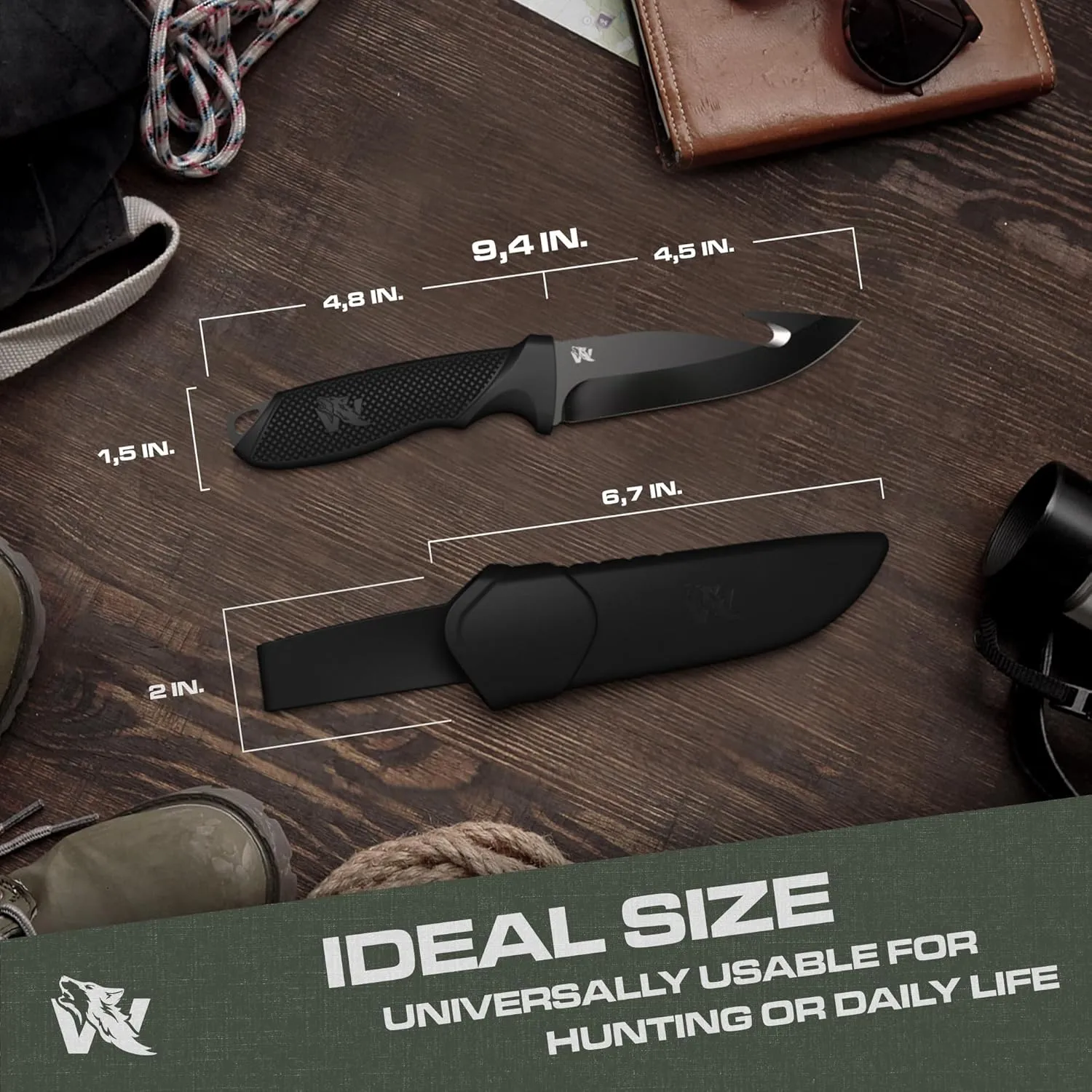 HUNTER 2 - Tactical Hunting Knife with Gut Hook - Deer SkinningKnife for Hunting - Knife Fixed Blade with Sheath - Field Dressing Knive with Gutting Hook - Survival Knife with Sheath