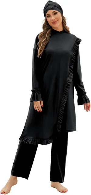 IBAKOM Muslim Swimsuit for Women Modest Long Sleeve 3 Pieces Islamic Swimsuit Burkini Full Coverage Shirt Swim Pant Hijab