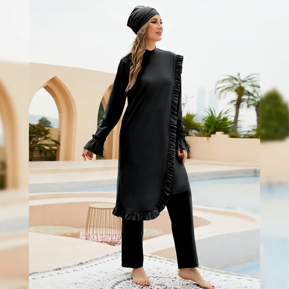 IBAKOM Muslim Swimsuit for Women Modest Long Sleeve 3 Pieces Islamic Swimsuit Burkini Full Coverage Shirt Swim Pant Hijab