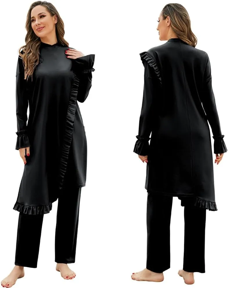 IBAKOM Muslim Swimsuit for Women Modest Long Sleeve 3 Pieces Islamic Swimsuit Burkini Full Coverage Shirt Swim Pant Hijab