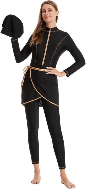 IBAKOM One Piece Modest Burkini for Women Islamic Swimsuits with Wrap Skirt Swim Cap Muslim Bathing Suit Cover Ups