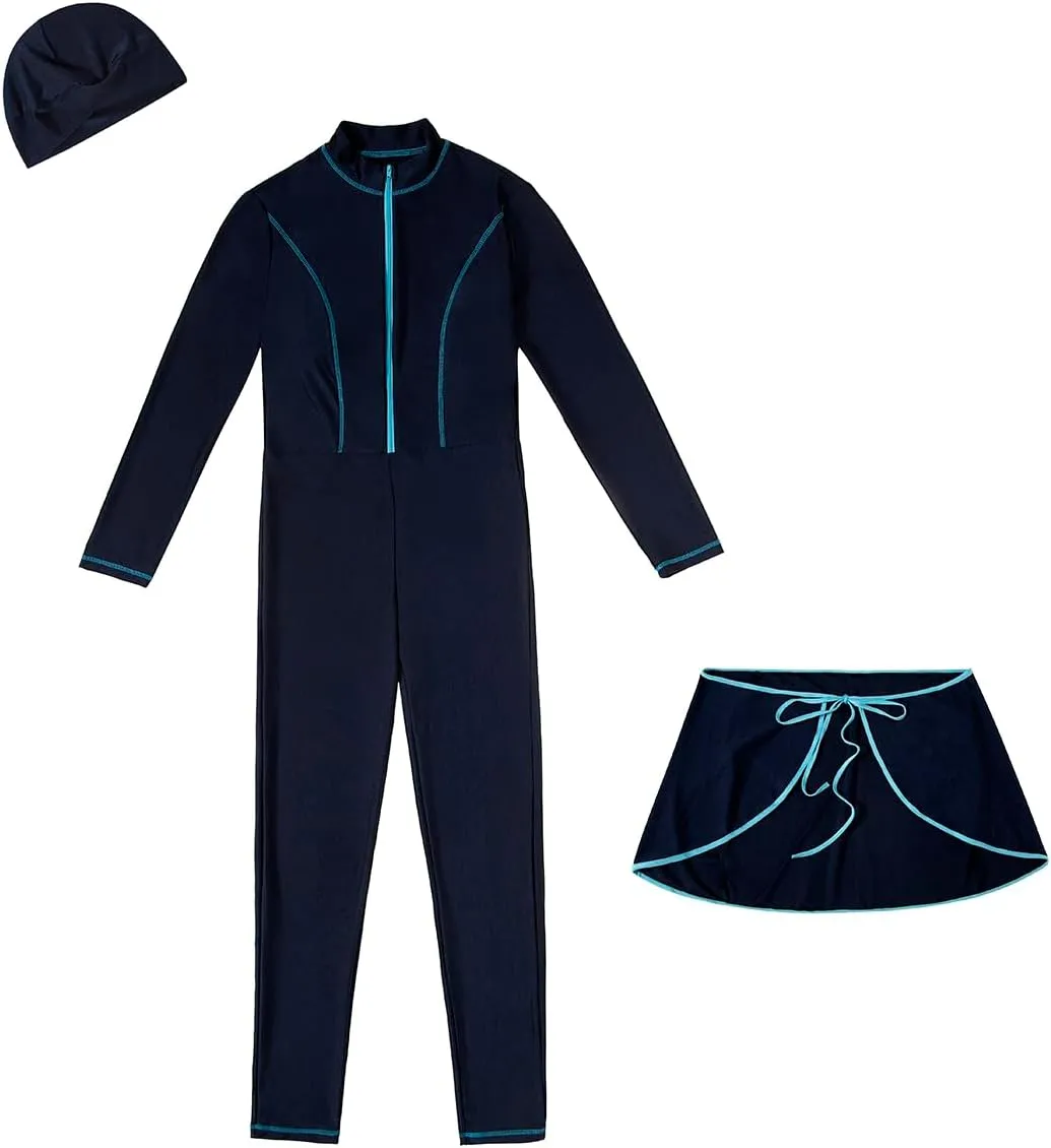 IBAKOM One Piece Modest Burkini for Women Islamic Swimsuits with Wrap Skirt Swim Cap Muslim Bathing Suit Cover Ups