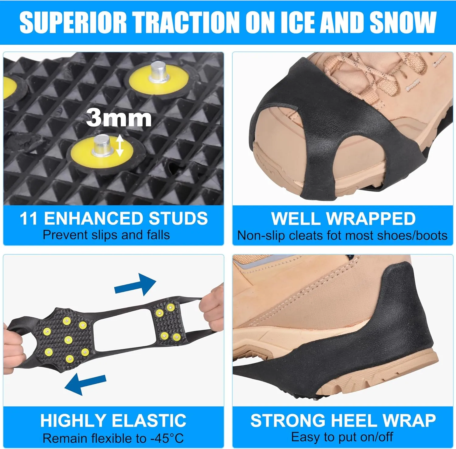 Ice Cleats for Shoes and Boots, Anti Slip Crampons Ice Shoes Grippers 11 Studs Walk Traction Cleats Crampons for Hiking Boots Ice Snow Cleats Ice Fishing Walking Hiking Winter Gear