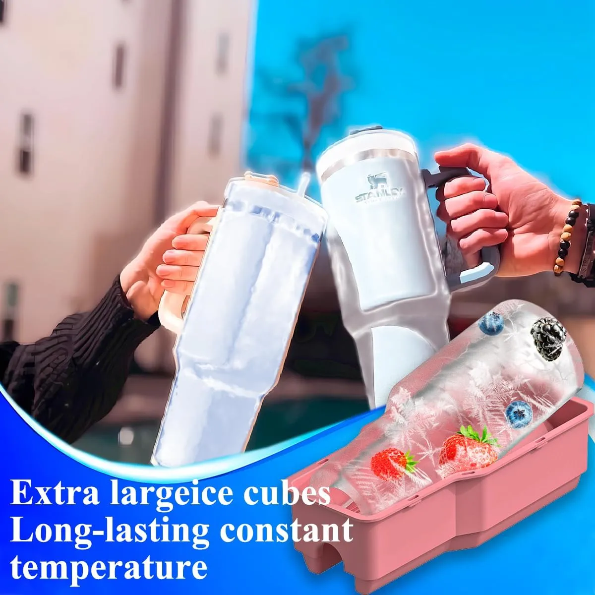 Ice Cube Tray for 40 oz Tumbler Cup, 1Pcs Stanley Ice Mold Silicone Hollow Cylinder Ice Mold with Lid and Bin for Freezer Ice Drink Juice Whiskey Cocktail